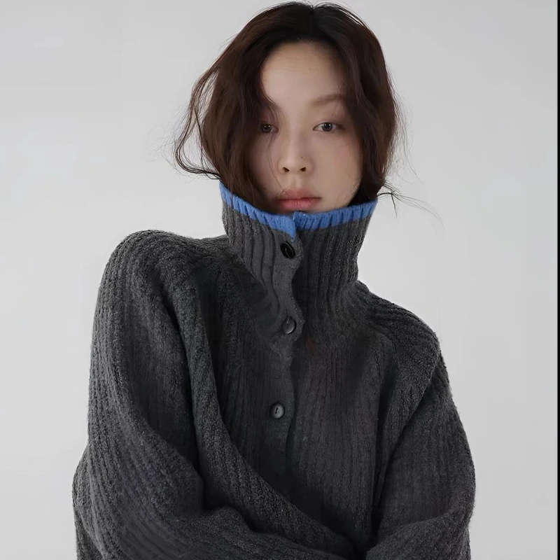 秋冬新款慵懒风半高领加厚撞色时尚百搭宽松韩版显瘦毛衣针织衫