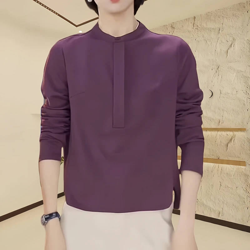 早秋宽松气质长袖衬衫女士2024秋季休闲洋气圆领大码纯色高档上衣