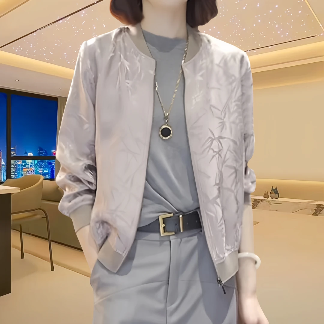 防晒薄款竹叶印花棒球服女士2025春夏宽松拉链纯色外套洋气衣服女