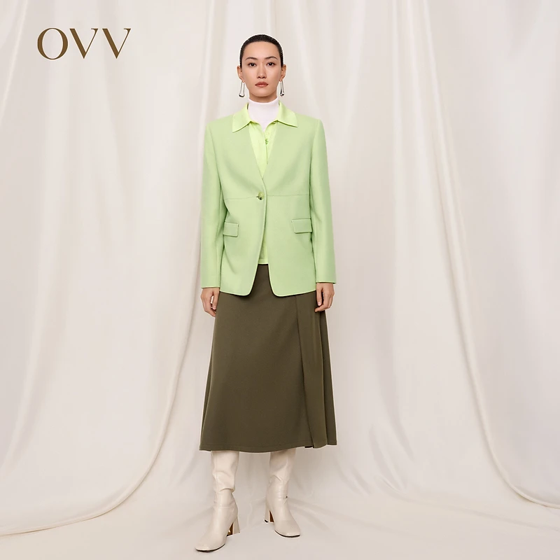 OVV秋冬新款女装针织羊毛无领大纽扣装饰单件西服外套