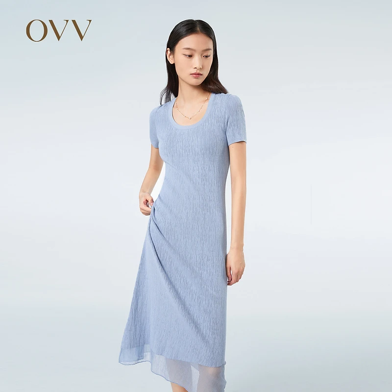 OVV春夏新款女装修身A型伞装不对称短袖U领针织裙GQZZJ13009A