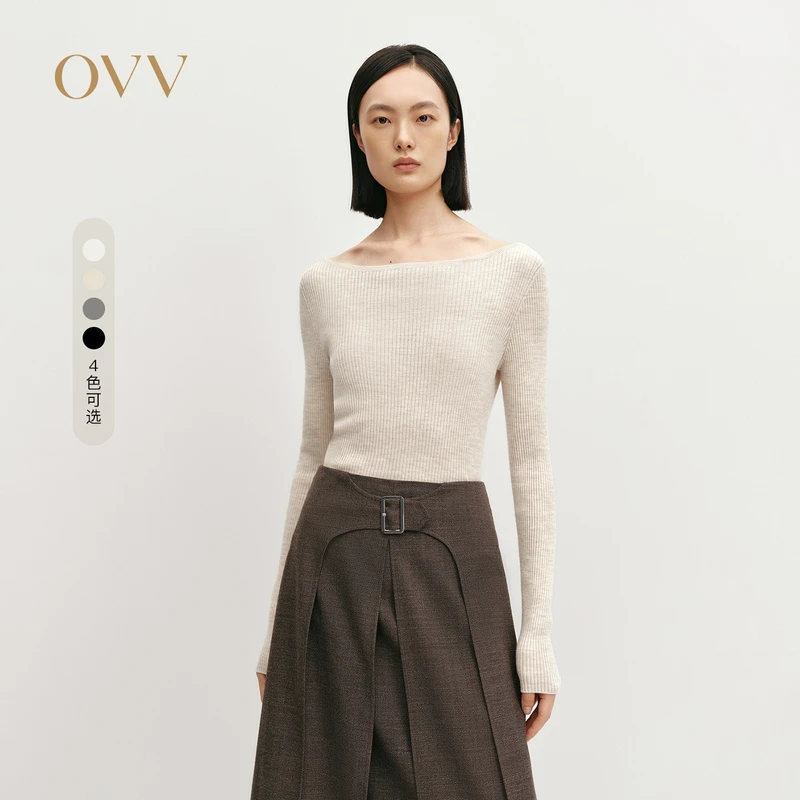 【雅丹风高级感】OVV秋冬新款女装修身弹力一字领羊毛长袖针织衫