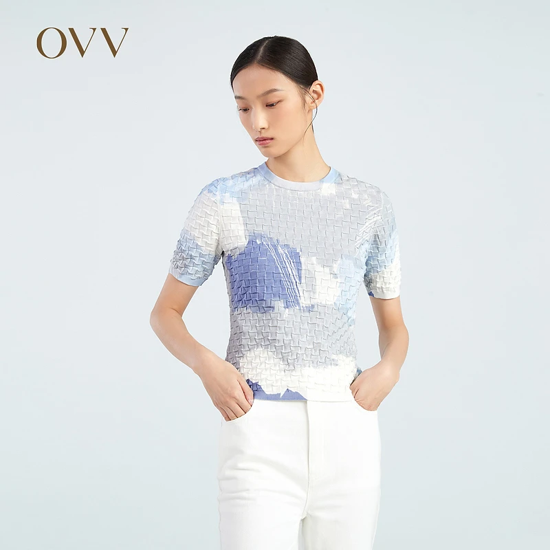 OVV春夏新款女装柔软丝光棉肌理感印花短袖针织衫GNZBJ13009A