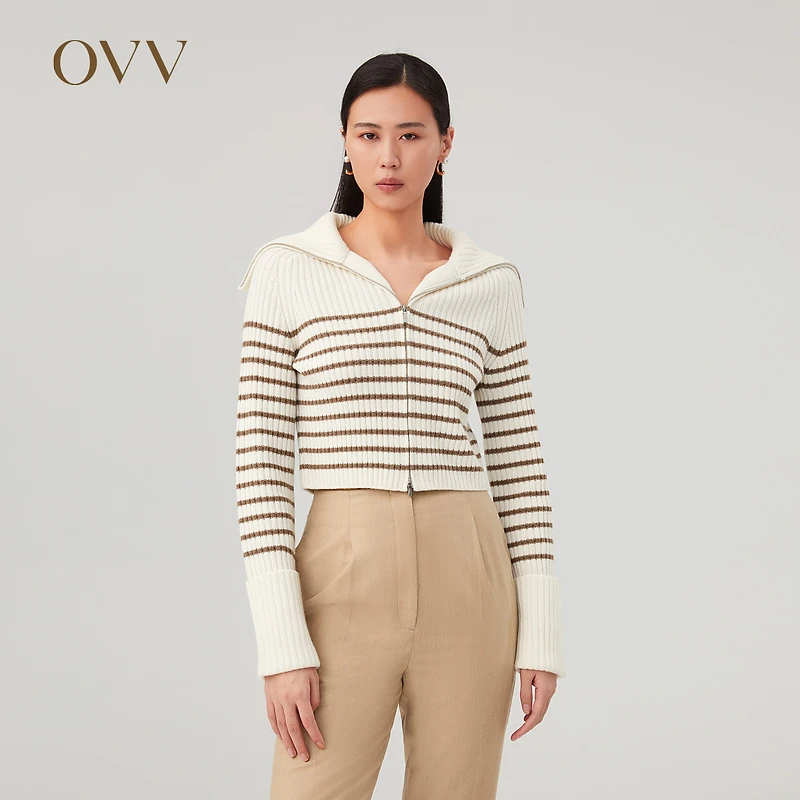 【艾钱钱专属】OVV秋冬绵羊毛山羊绒混纺条纹针织上衣GNZAJ33118A