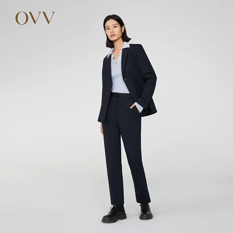 OVV秋冬新款女装暗条纹弹力罗马布休闲通勤套装西裤