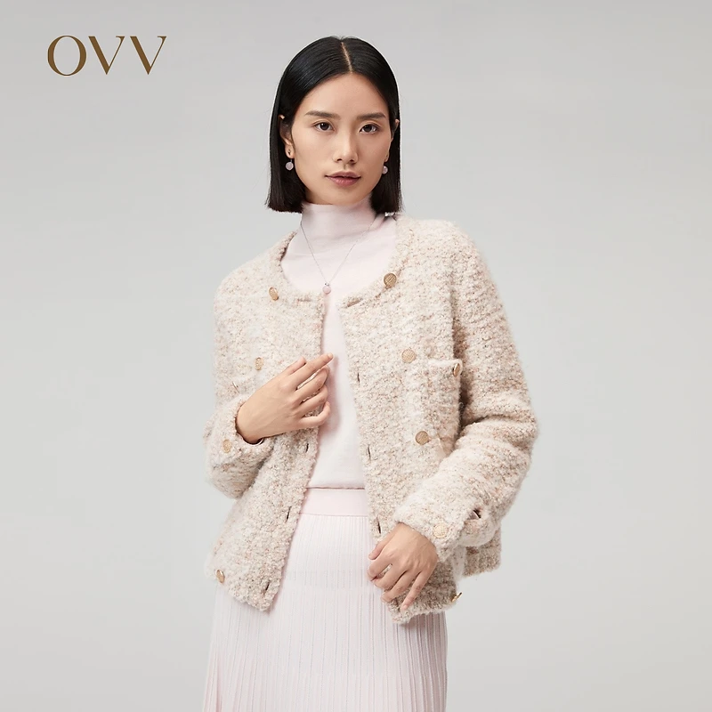【艾钱钱专属】OVV秋冬羊毛混纺花纱圆领双排扣针织外套GWZAJ33107A