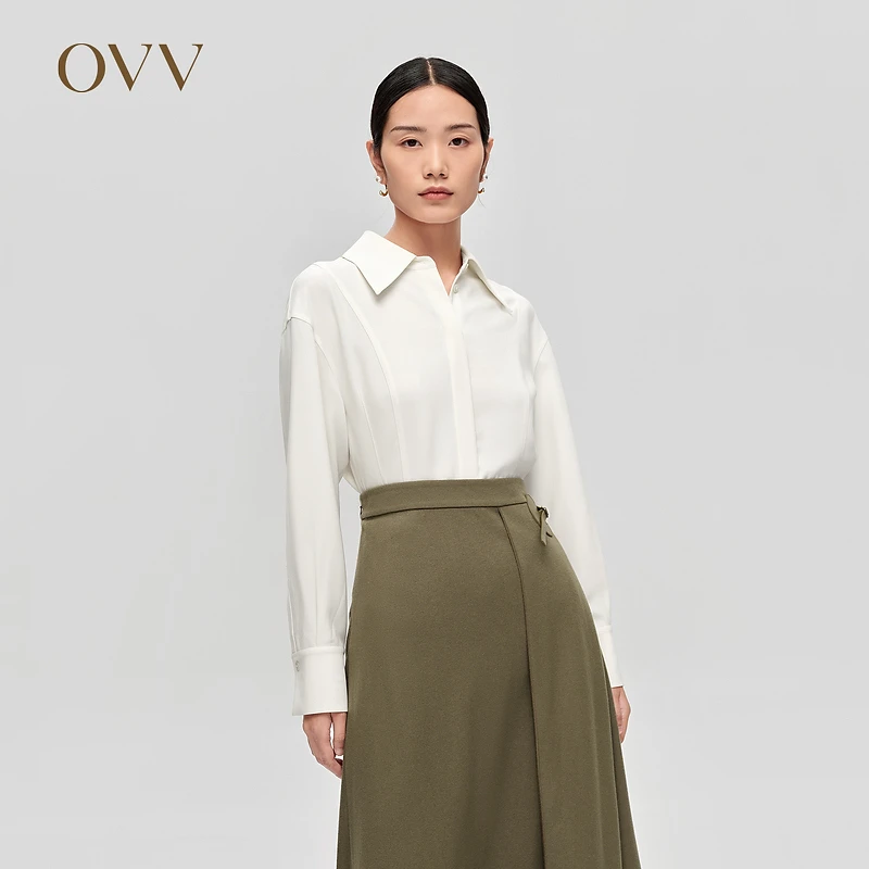 OVV秋冬新款女装醋酸收腰分割设计长袖休闲衬衫