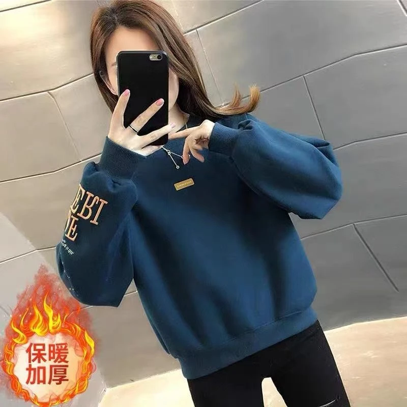 棉加绒加厚无帽卫衣女装宽松小个子2024年新款时尚欧货洋气上衣女