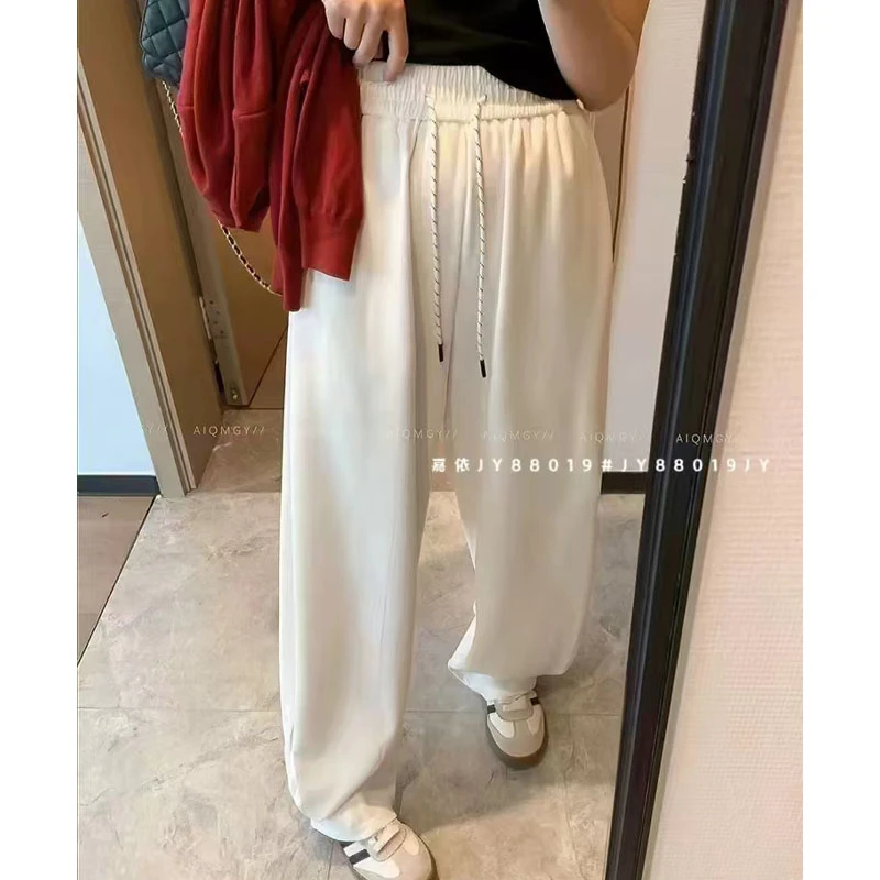 纯色休闲高腰阔腿裤女欧洲站2024秋季新款高级感垂感抽绳松紧腰裤