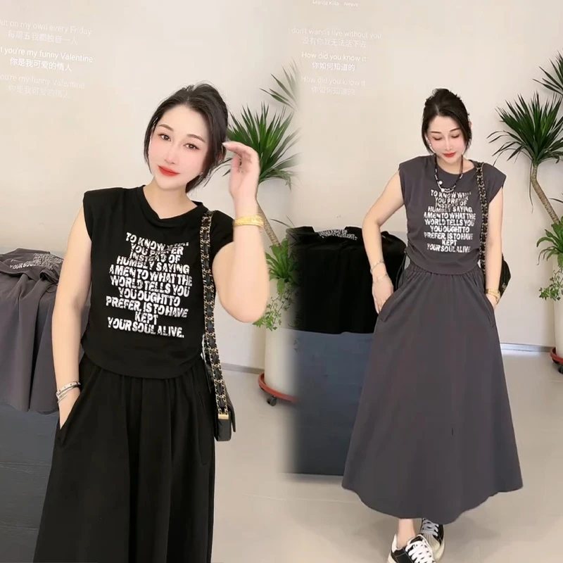 欧洲站2024夏季新款慵懒风套装裙流行时尚干练气质传达t恤两件套