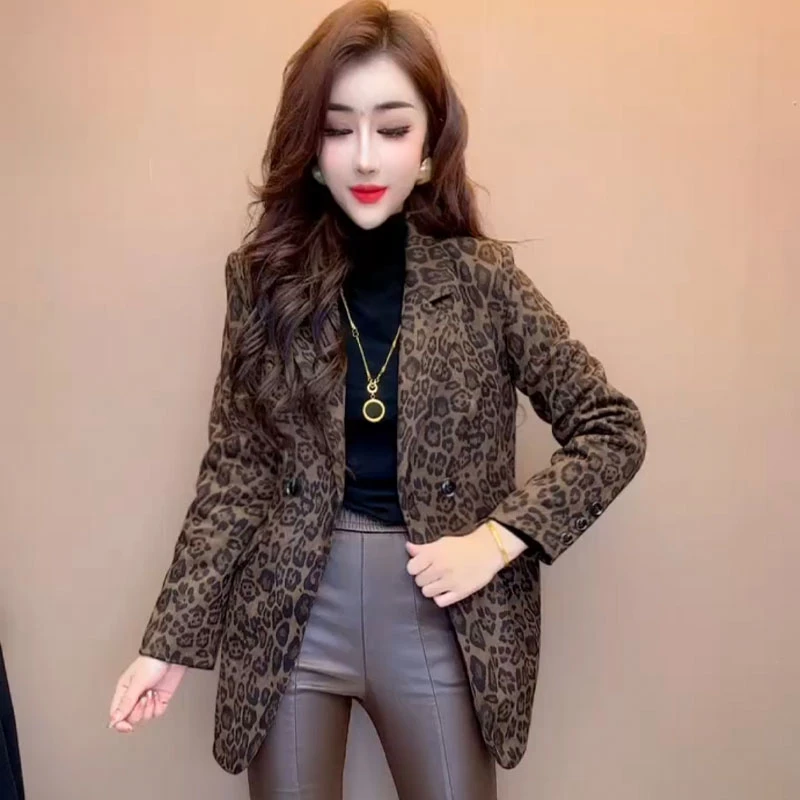 高级感豹纹设计西装版型上衣女欧货2024秋季新款加厚洋气修身长袖