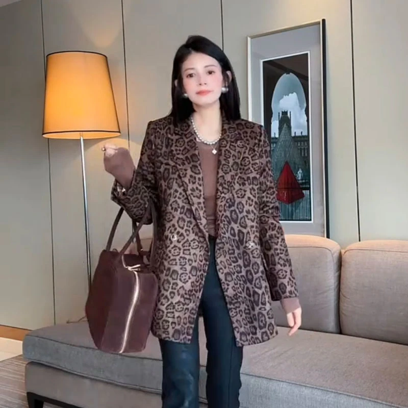 豹纹设计加厚中长款西服外套女欧货2024秋季新款西服领长袖上衣女