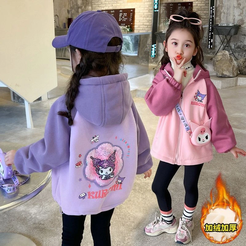 女童加绒加厚卡通外套冬装中小童韩版连帽洋气上衣儿童装链衫潮