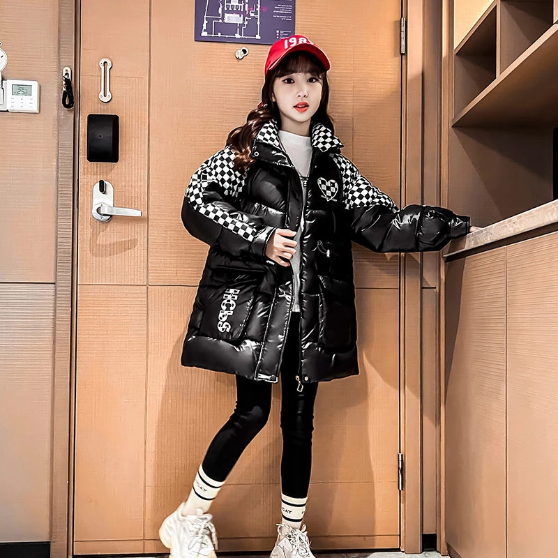 女童棉衣新款亮面免洗绣花儿童棉服中大童洋气棉袄女孩中长款加厚