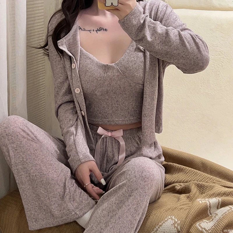 新款睡衣春秋季女款三件套性感带胸垫吊带长袖长裤纯欲夏季家居服