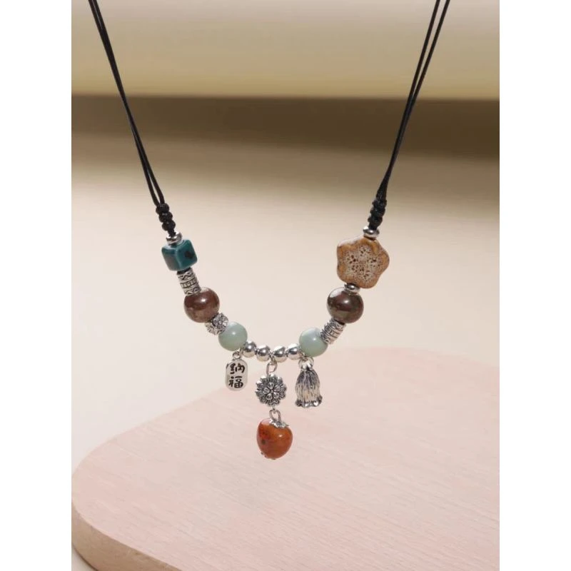 新中式复古串珠陶瓷蝴蝶小众项链古风长款编织绳夏季项链配饰品