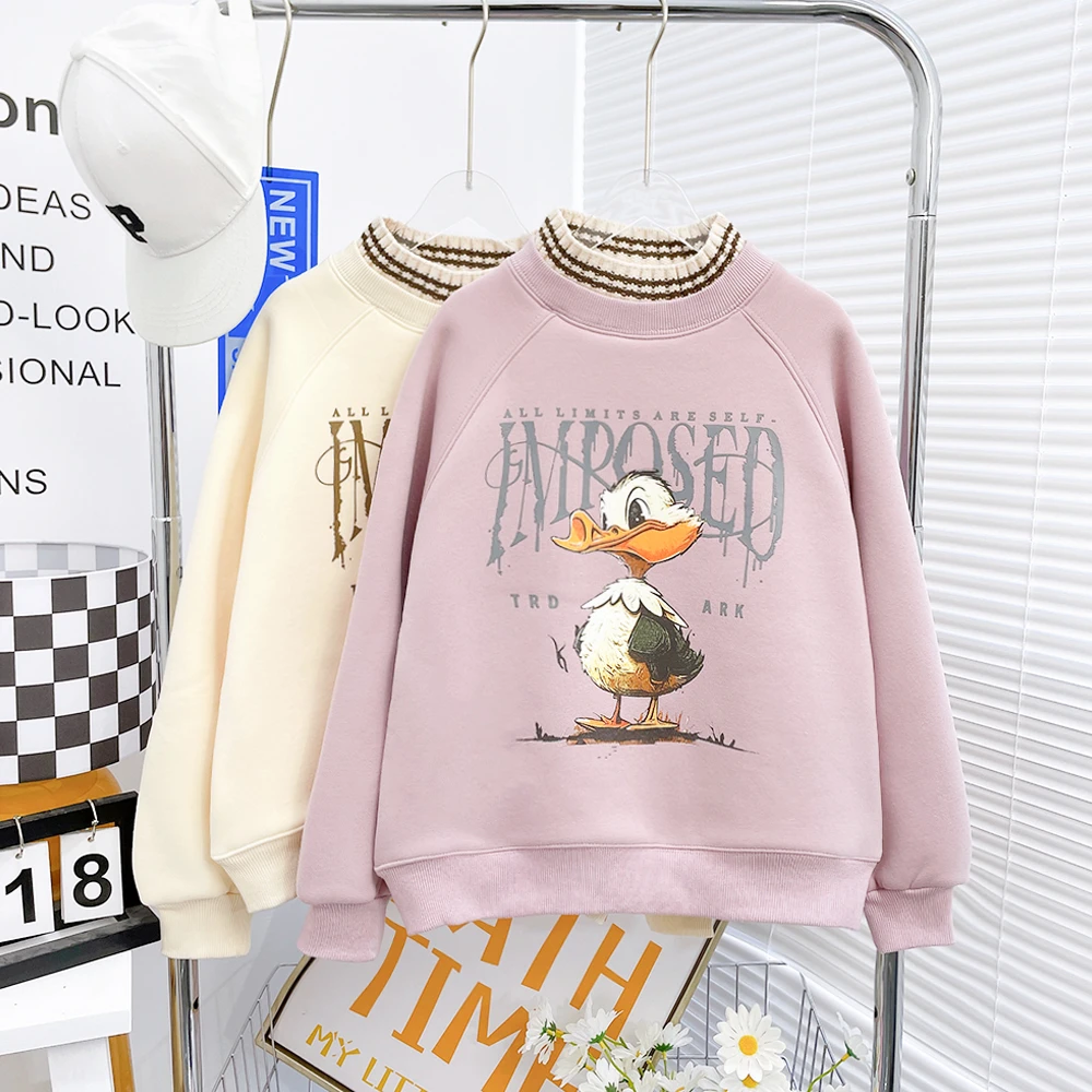 冬季新款加绒卫衣女童加厚保暖休闲大童圆领上衣W-zb2315简约童品