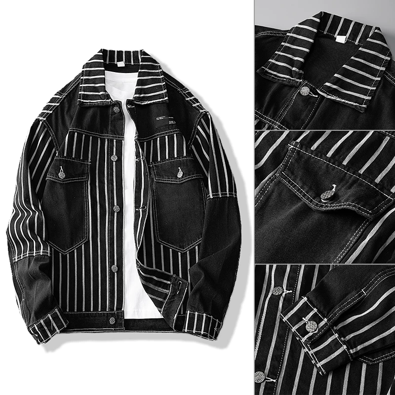 秋冬新款牛仔休闲男外套长袖百搭宽松条纹帅气夹克韩版男士上衣
