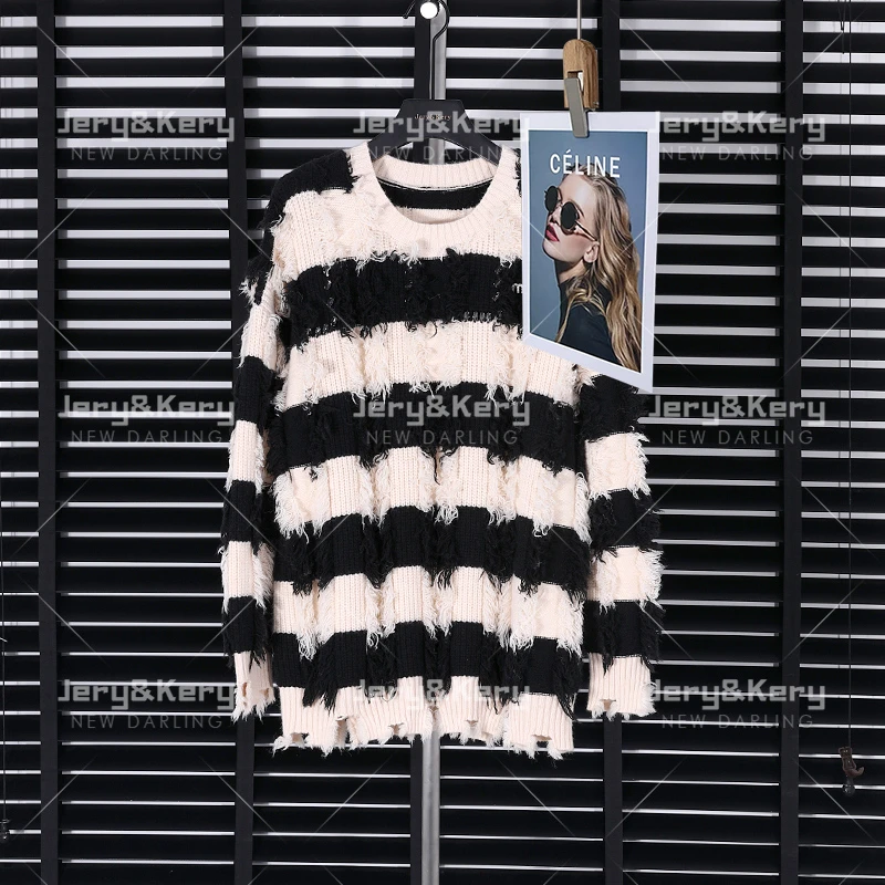 【YY甄选】2023新款经典复古条纹气质长袖百搭时尚破洞毛衣YY 5061