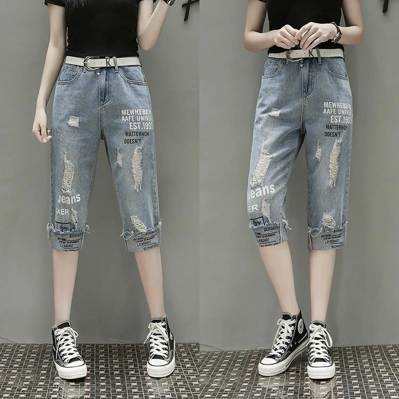 夏季新款薄款时尚气质宽松百搭显瘦高腰大码休闲破洞牛仔七分裤女