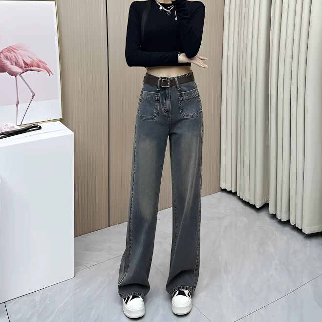 秋冬高腰复古潮流宽松显瘦百搭休闲直筒阔腿垂感拖地牛仔裤弯刀女