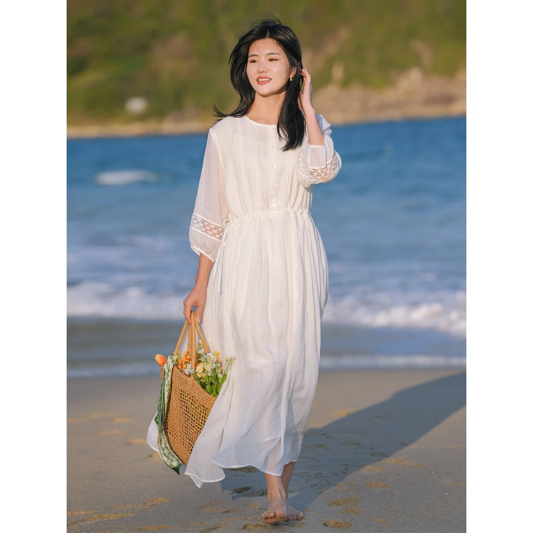 飘逸仙气白色棉麻连衣裙女夏季高级感海边三亚度假旅游沙滩长裙子