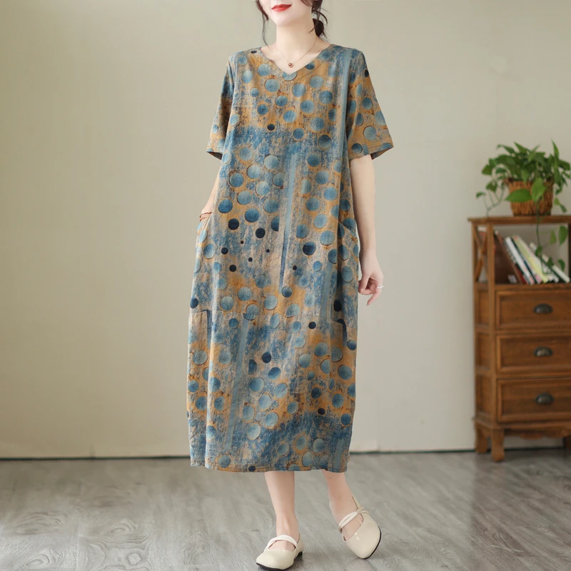 棉麻印花短袖连衣裙夏季大码妈妈装宽松显瘦复古V领茧型裙子波点