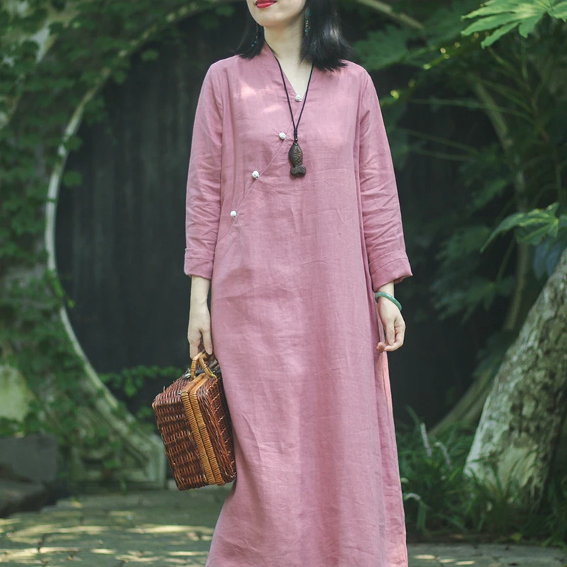 棉麻盘扣中国风宽松连衣裙茶服女复古文艺斜襟新中式日常中长裙女