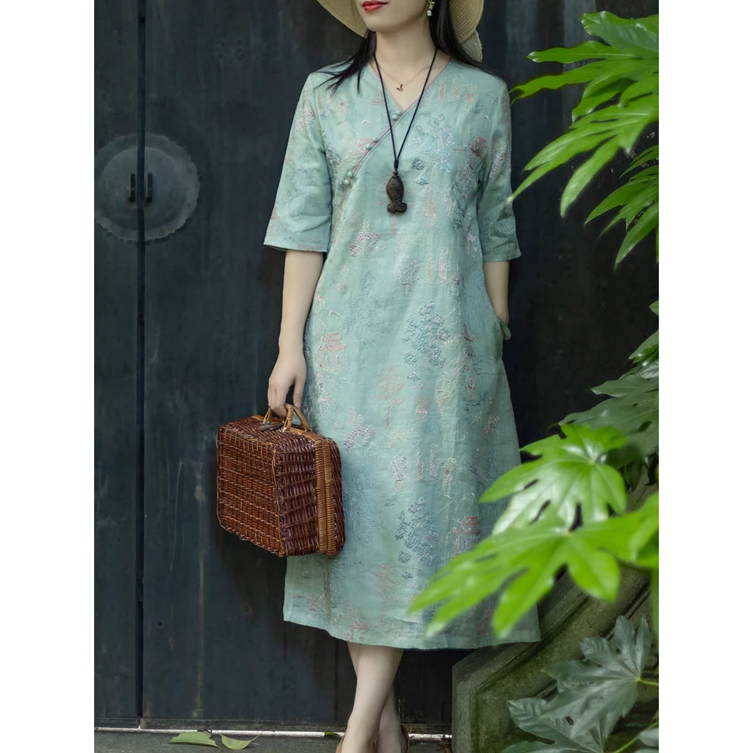 国风重工气质V领棉麻刺绣小众设计连衣裙女夏新中式改良旗袍裙子