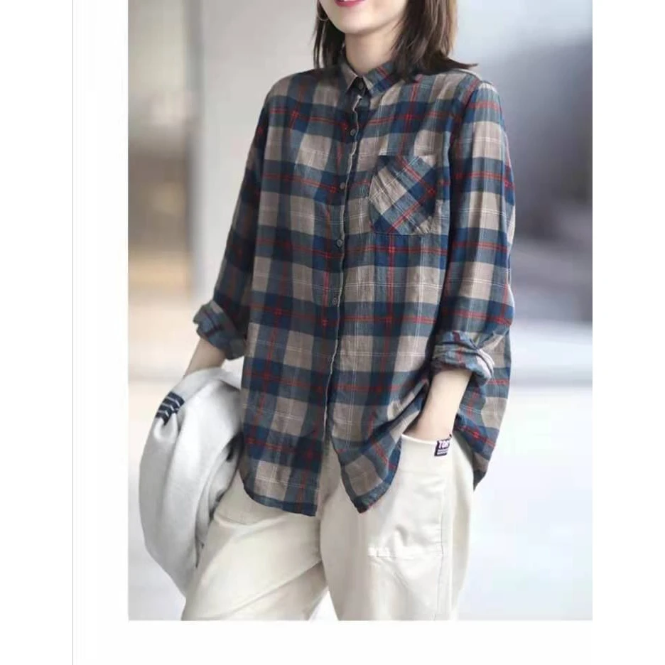 格子衬衫春季新款棉麻格子翻领衬衫女文艺宽松百搭长袖休闲上衣薄
