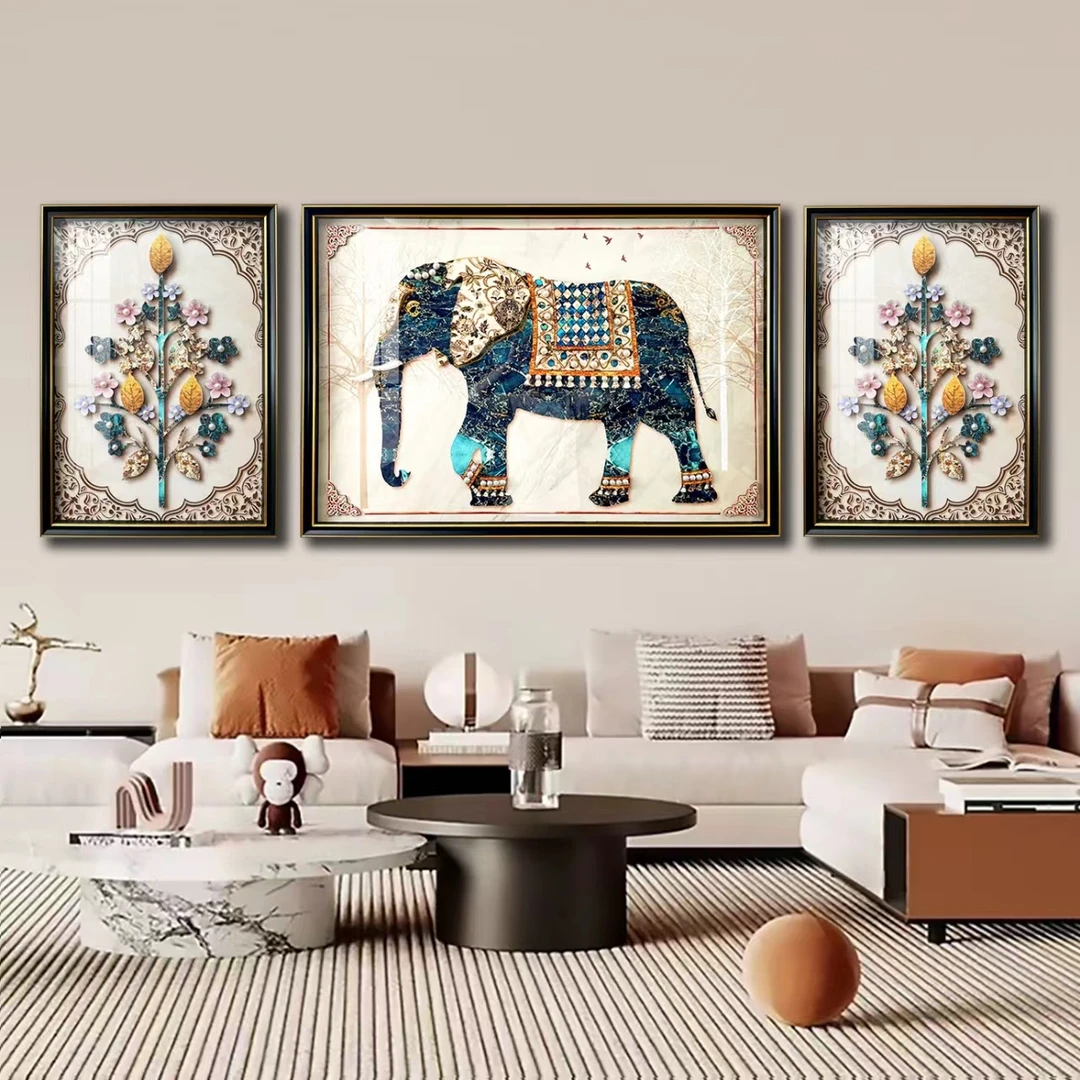 【梓涵甄选】大象手工三联画钢化玻璃立体实物画艺术设计墙面装饰画