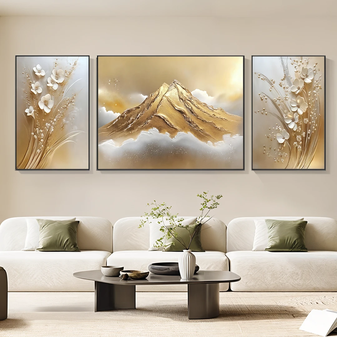 日照金山客厅大白墙装饰画轻奢沙发背景墙金色挂画三联画山水壁画
