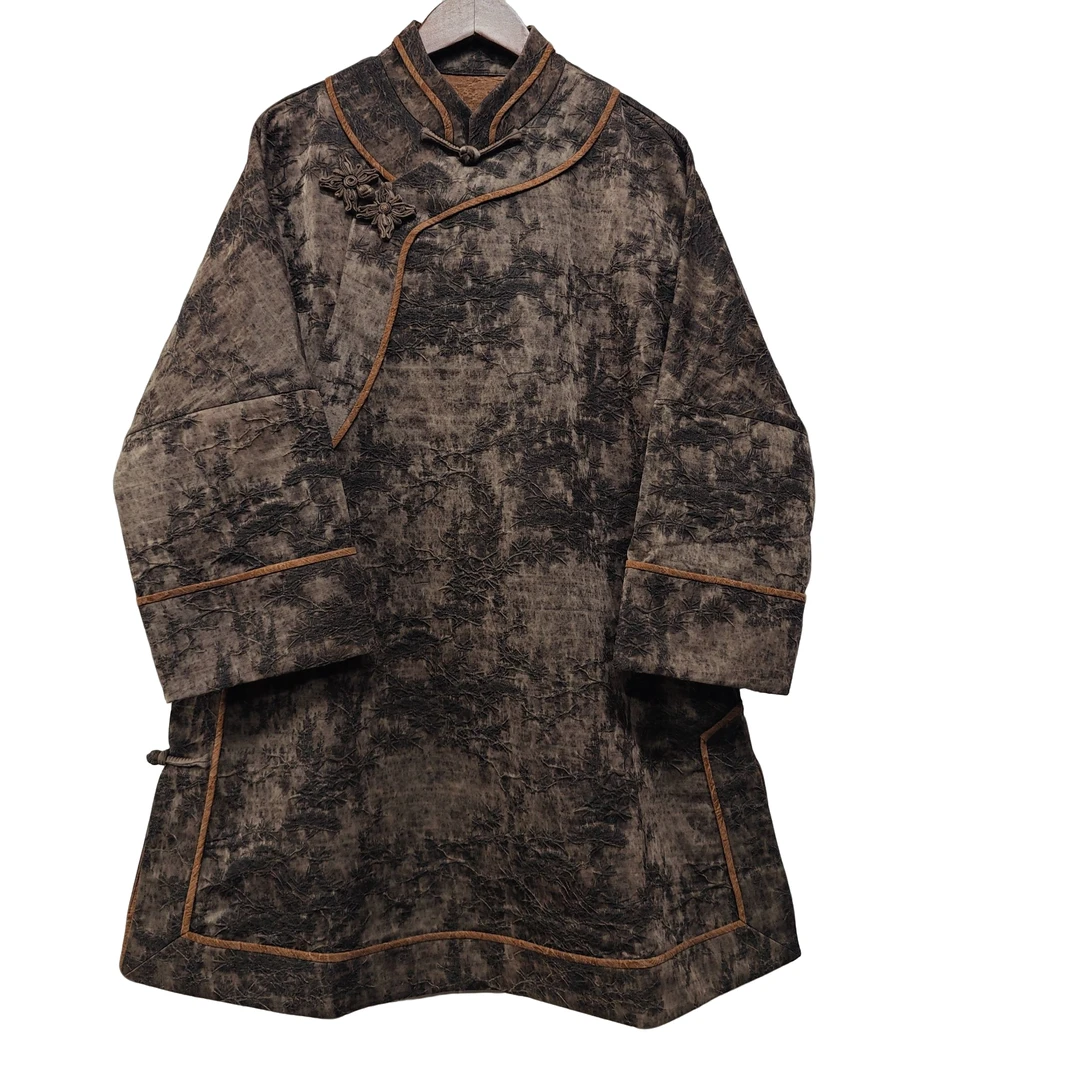 松树花油丝花扣圆领斜襟上衣，百分百油丝，，面料透气