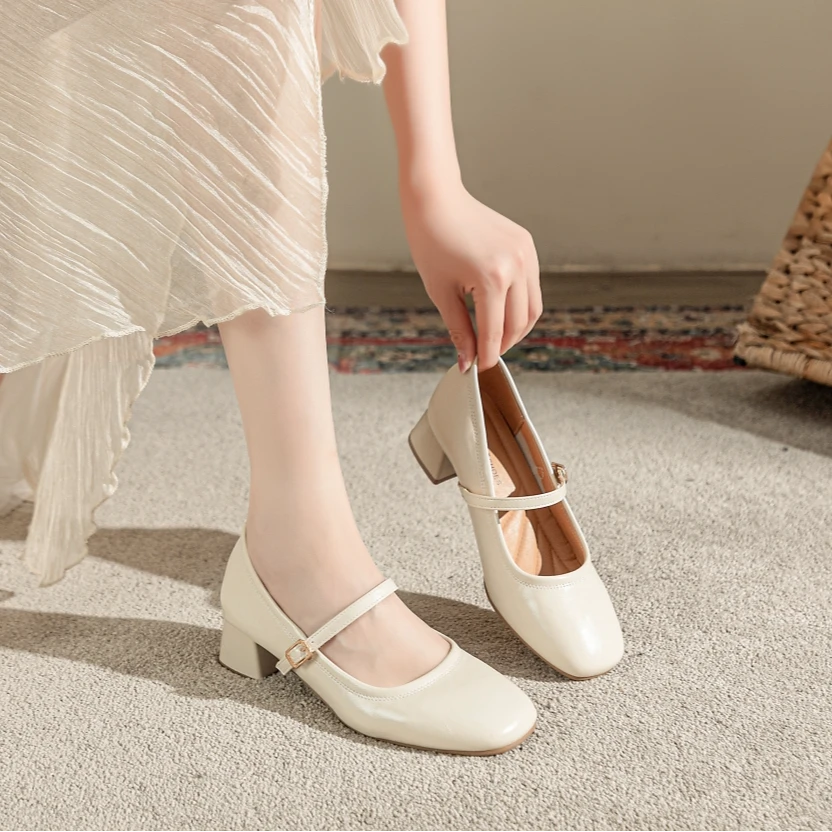 【朵苮品牌】厚底炸街复古真皮玛丽珍方头一字带粗中跟法式女鞋1167