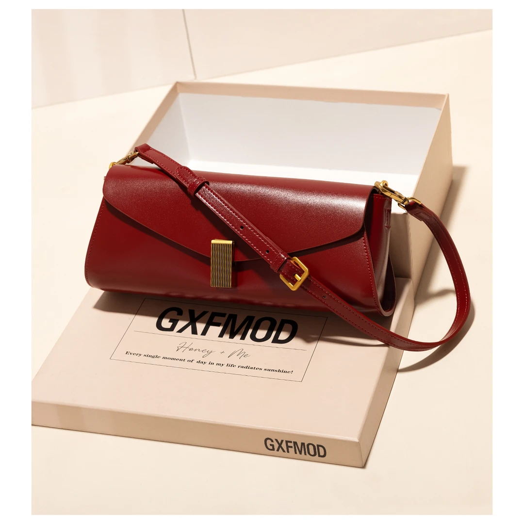 GXFMOD法式牛皮腋下包包女复古红色结婚包新款斜挎包法棍包