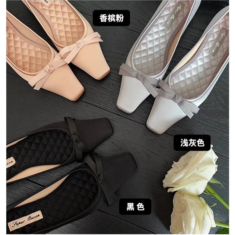 Superqueen夏季新品~新中式方头蝴蝶结单鞋女 低跟芭蕾鞋