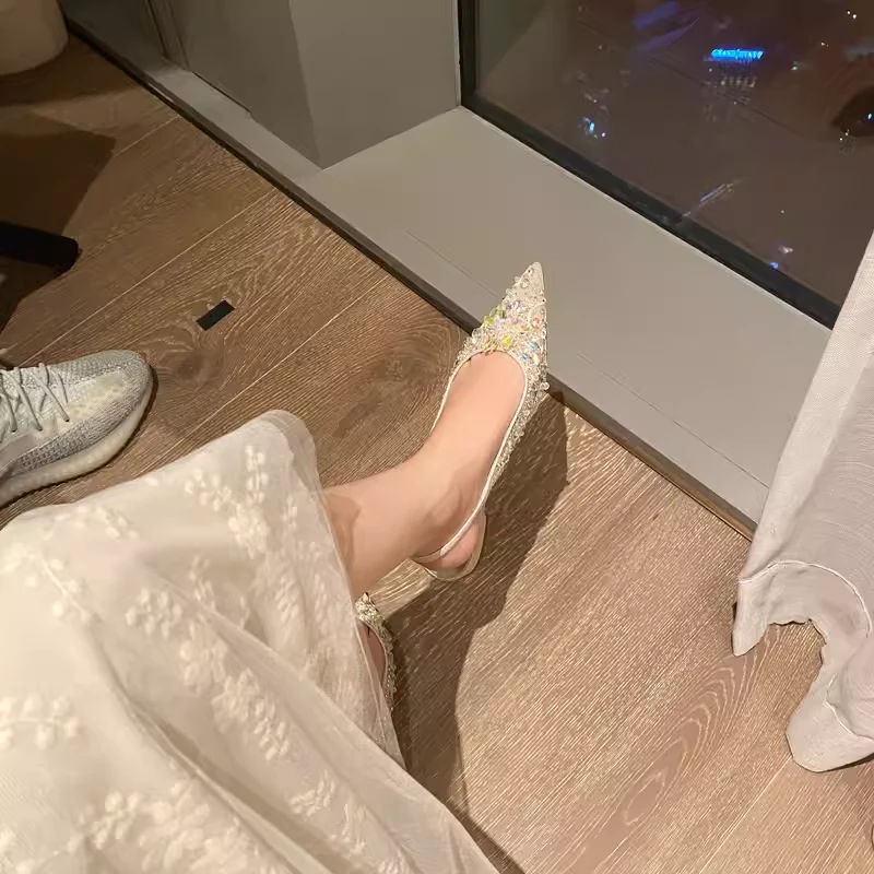 重工手工鞋 美得一塌糊涂~水晶闪闪水钻尖头后空平底单鞋女平跟