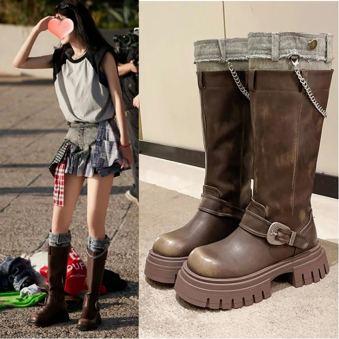 辣妹风显瘦机车靴2024夏季厚底拼色骑士靴小个子复古美拉德长筒靴
