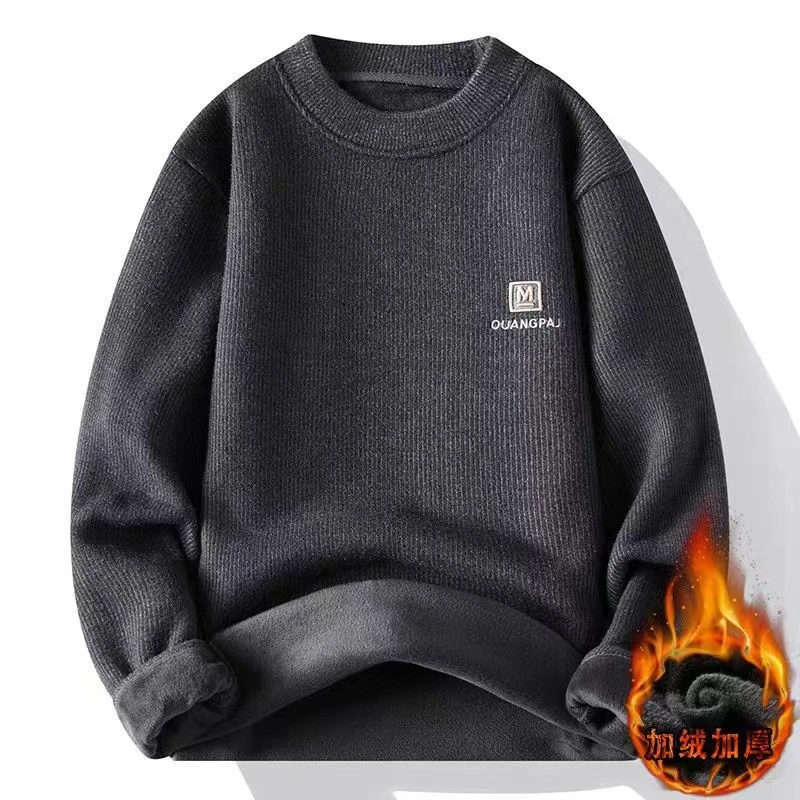 男士精品刺绣一体绒圆领毛衣秋冬季百搭加绒加厚保暖打底衫针织衫