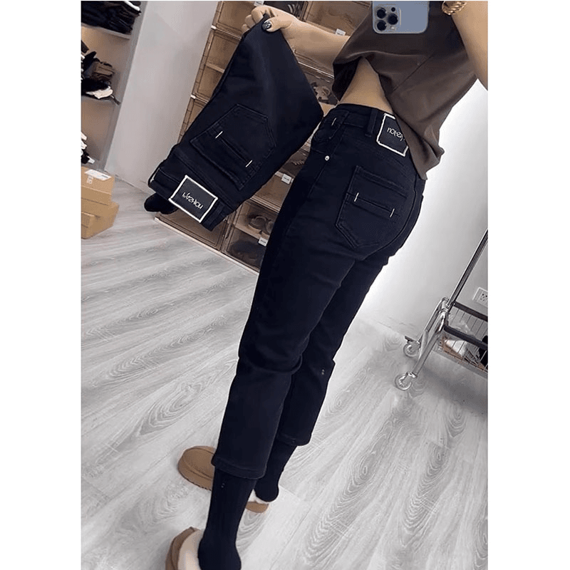 酷林森琪大码黑色高腰直筒牛仔裤女秋季新款小个子八分弹力烟管裤