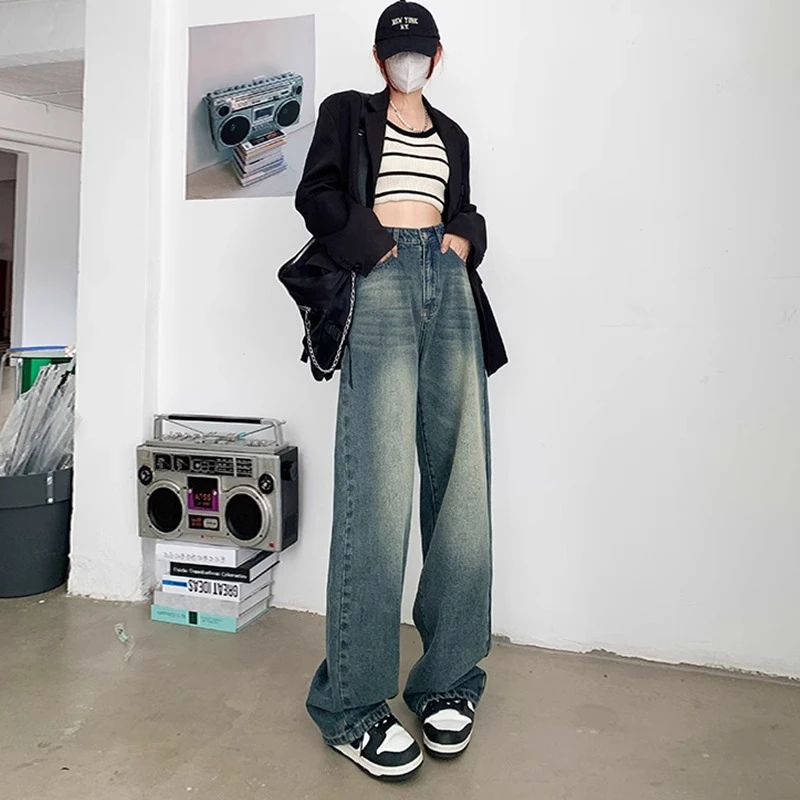 酷林森琪复古阔腿牛仔裤女秋冬设计感宽松高腰直筒垂感拖地老爹裤