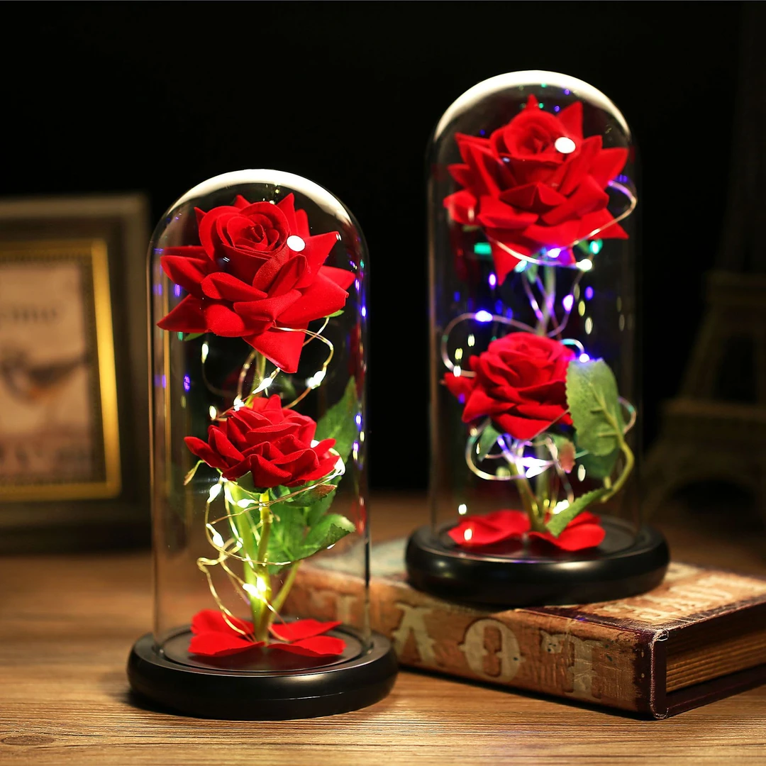 永生花玻璃罩玫瑰花仿真带灯创意情人节生日礼物小夜灯摆件