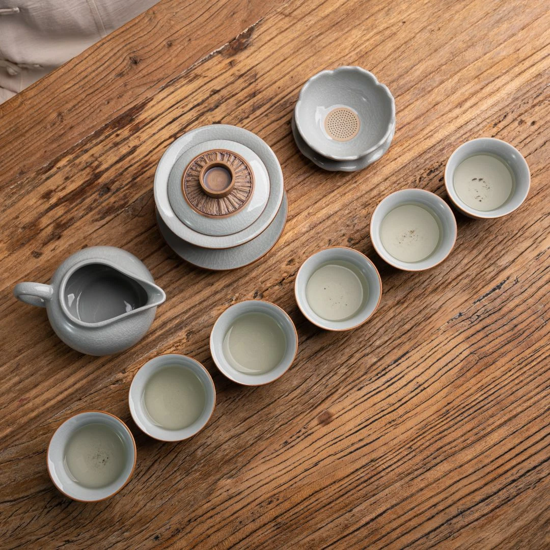 月白盖碗套装手工茶具原产地原矿汝州汝窑汝瓷茶杯家用过滤茶道