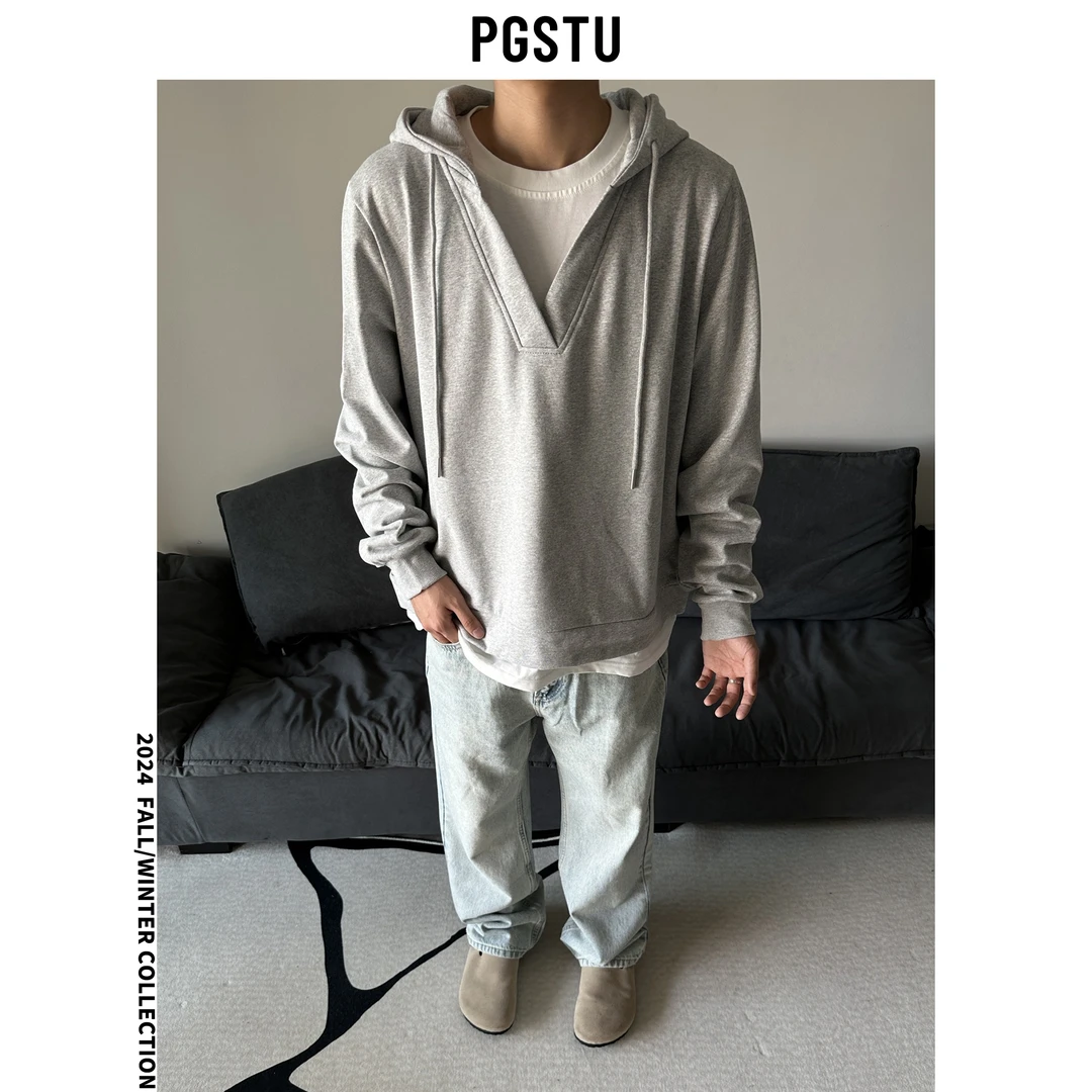 【灰白简报】早秋新款假两件连帽卫衣cleanfit宽松短款长袖男