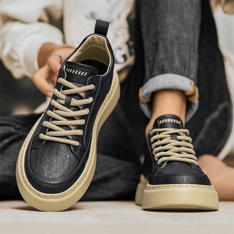 2025男鞋厚底百搭男士潮鞋黑色软底休闲板鞋时尚韩版潮流男款鞋子