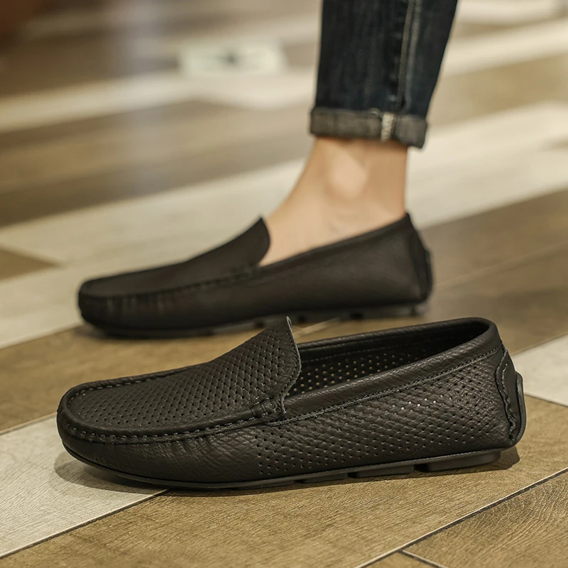 男鞋夏季休闲皮鞋豆豆鞋男款鞋子时尚黑色透气夏天一脚蹬男士潮鞋