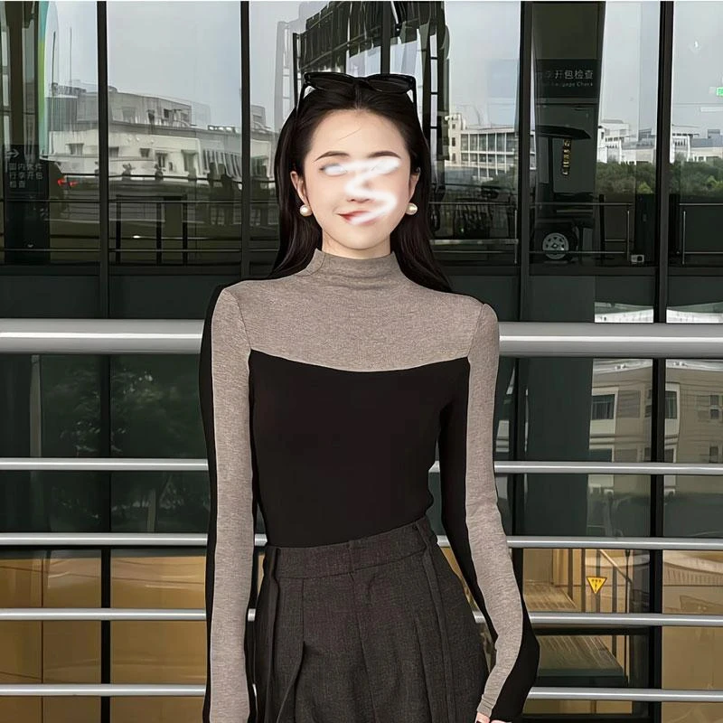 品牌清仓~【修容T】气质拼接撞色长袖T恤女百搭显瘦上衣