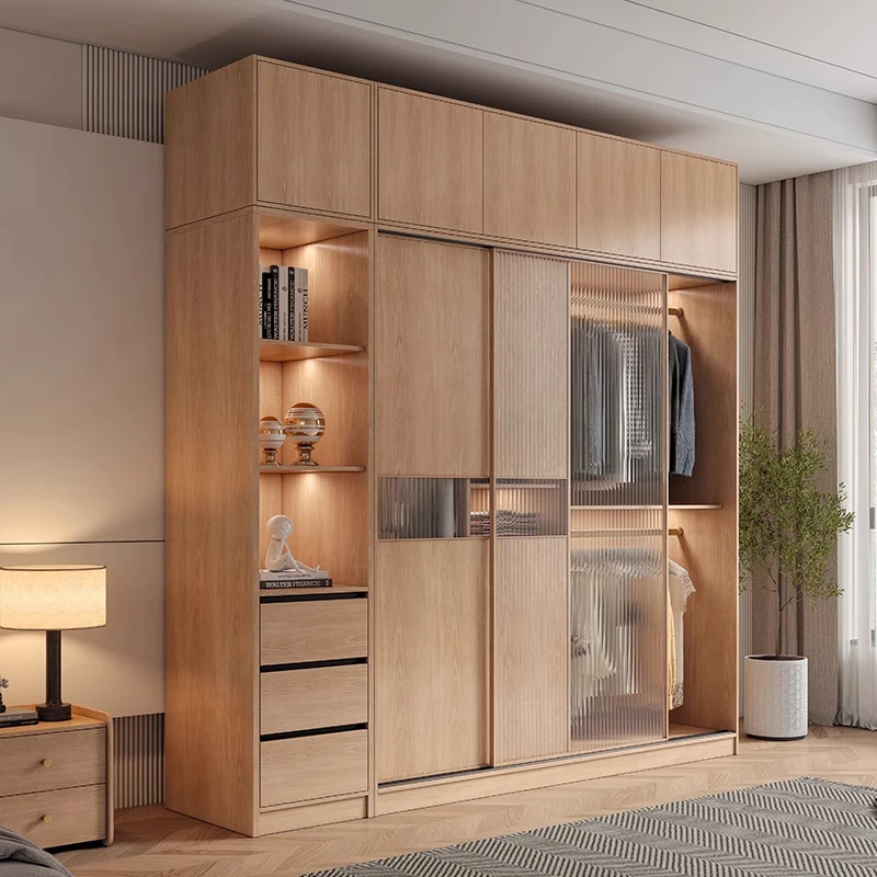 推拉门衣柜家用卧室日式风现代简约柜子小户型趟门原木色移门衣橱