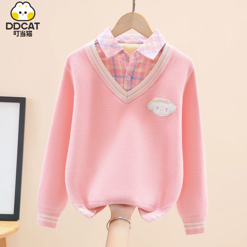 叮当猫女童假两件毛衣秋冬新款洋气中大童女孩一体绒保暖打底衫潮