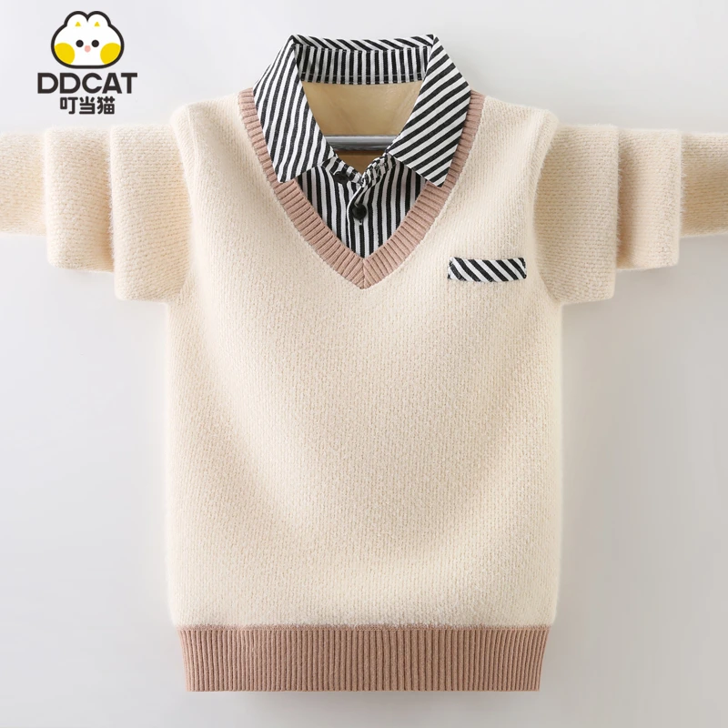 叮当猫男童毛衣假两件一体绒秋冬新款洋气中大童男孩保暖打底衫潮